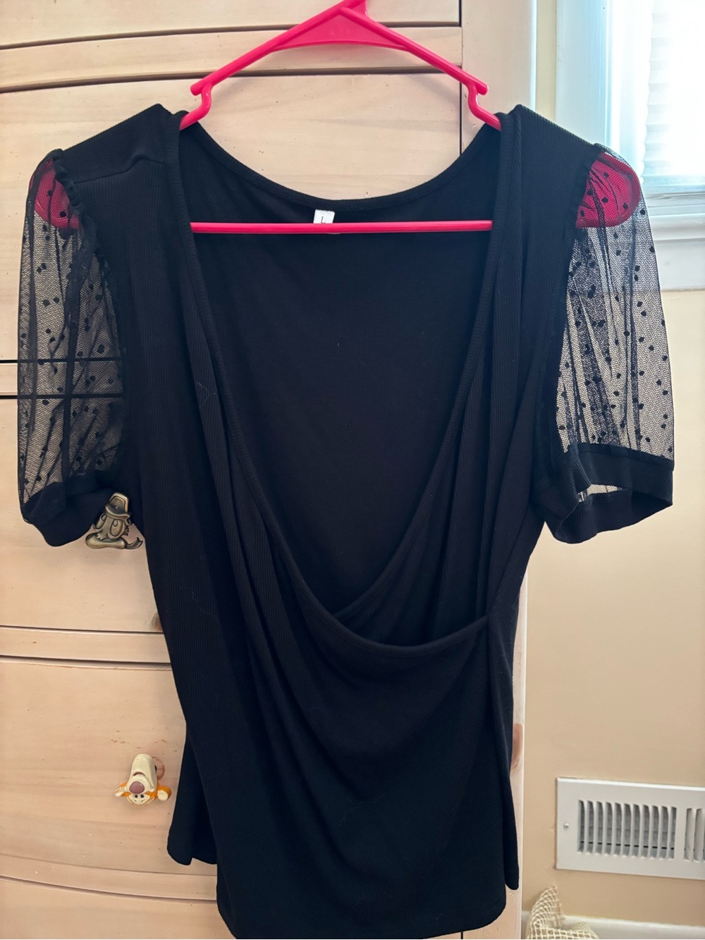 Black Draped Top with Sheer Polka Dot Puff Sleeves